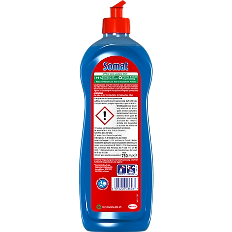 Blue detergent bottle with red cap. Print: Somat, 750 ml. Hazard symbol.