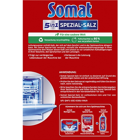 Envase rojo de Somat Special Salt. Texto: 5en1 Special Salt, Para un mundo limpio, 80% de cartón reciclado. Aplicación, instrucciones de dosificación y otros productos.
