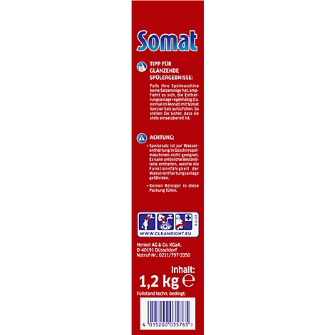 Envase rojo de sal especial Somat con letras blancas. Contiene advertencias y cantidad.