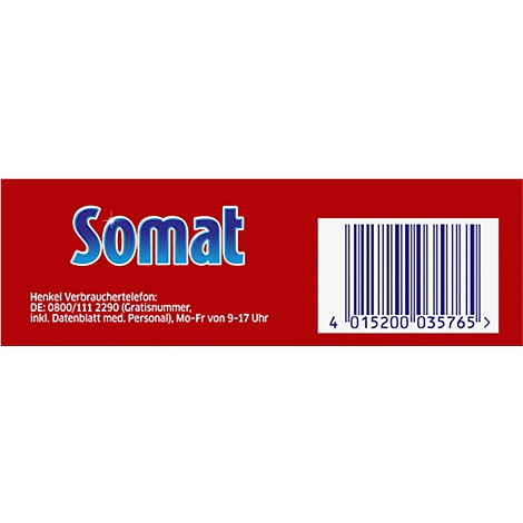 Tarjeta publicitaria roja y amarilla con imágenes de productos Somat. Instrucciones paso a paso, también pruebe: Somat, limpiador de máquinas intensivo y limpiador de máquinas. www.somat.de.