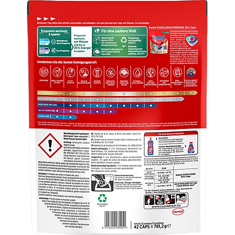 Rote Verpackung von Somat Excellence Premium Spülmaschinentabs. Schriftzüge und Piktogramme zeigen Details und Inhaltsangaben.