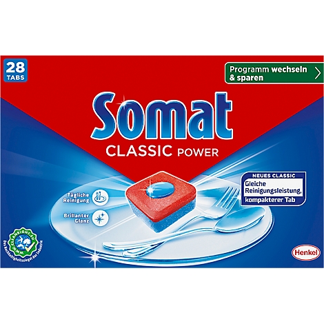 Somat Classic Power Geschirrspültabs mit Aufschrift auf rotem Hintergrund, daneben eine Tablette und Besteck.