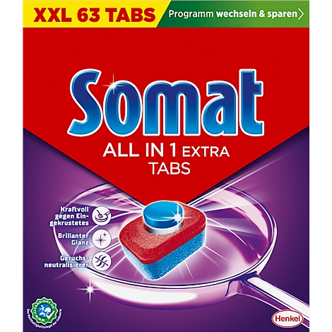 Een Somat-merkverpakking met de tekst "XXL 63 Tabs". De afbeelding toont een vaatwastablet.