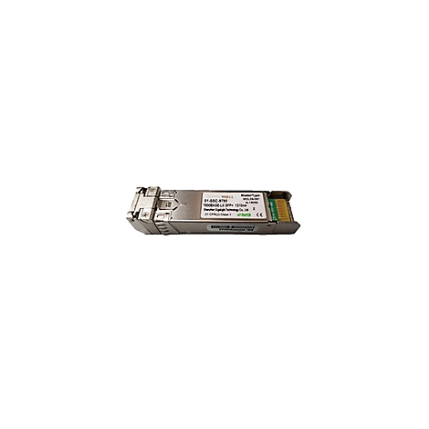 Ein silberner SFP-Transceiver mit grauer Beschriftung, der "Shenzhen Siglight Technology Co., Ltd" und technische Spezifikationen wie "81-SSC-8750" und "1000BASE-LX" anzeigt.