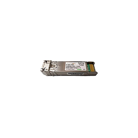 Ein silberner SFP-Transceiver, auf dem Informationen wie Modellnummer und technische Daten aufgedruckt sind.