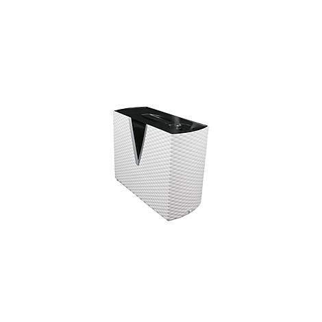 Humidificateur blanc avec motif en losanges, dessus noir et devant argenté en forme de V.