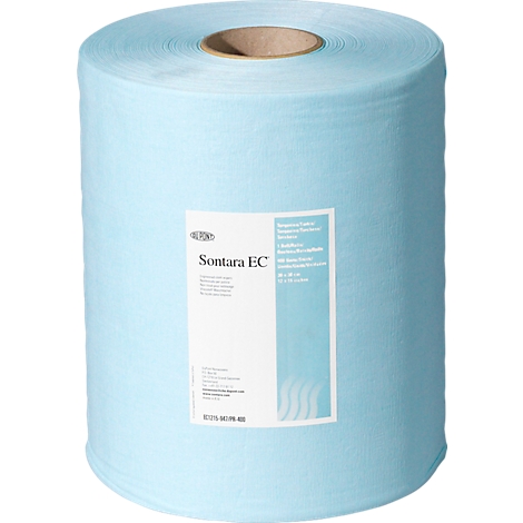Light blue paper roll, presumably cleaning wipes, with print: Sontara EC.