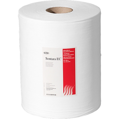 A roll of white paper with print. A red rectangle with text and the DuPont Sontara EC logo are printed on it.