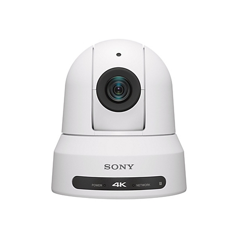 Eine weiße Sony 4K-Kamera, mit Objektiv und Bedienfeld mit Schriftzügen "POWER", "4K" und "NETWORK".