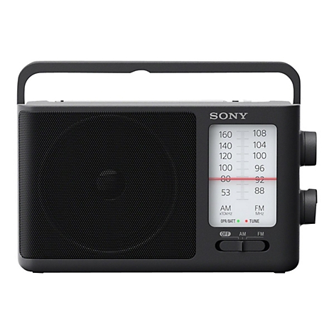 Schwarzes Sony Radio mit Tragegriff und Frequenzanzeige. AM/FM, rote Linie bei 98.
