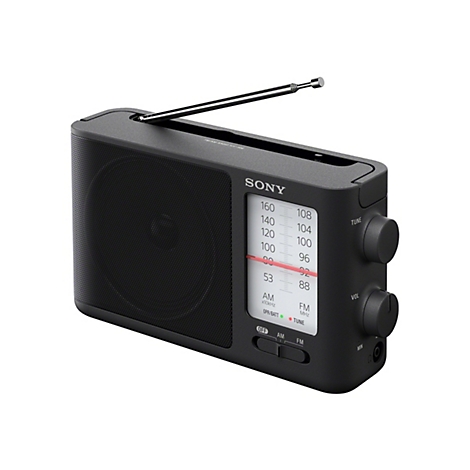 Schwarzes Radio der Marke Sony mit Antenne und EinstellknÃ¶pfen.