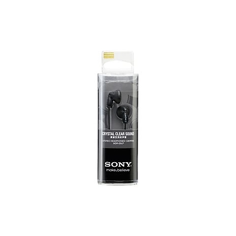 Schwarze Sony-OhrhÃ¶rer in einer transparenten Verpackung, mit Text: Crystal Clear Sound.