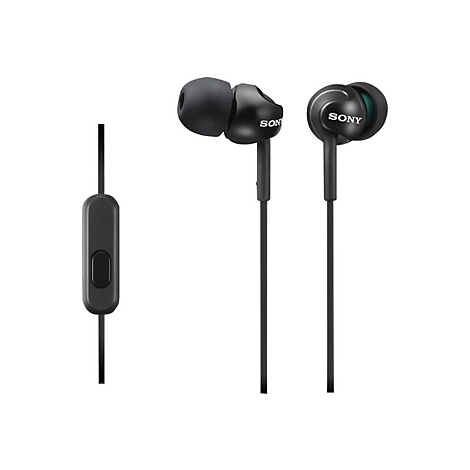 Schwarze In-Ear-KopfhÃ¶rer von Sony. Beide KopfhÃ¶rer und die Fernbedienung sind im Bild zu sehen.