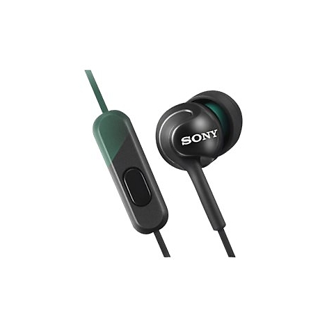 Schwarze In-Ear-KopfhÃ¶rer mit einem grÃ¼nen Kabel und der Aufschrift SONY.