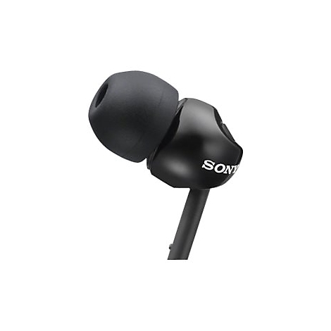 Schwarzer OhrhÃ¶rer mit Schaumstoffaufsatz und Sony-Logo. Kabel zum Anschluss.
