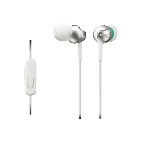 Weisse Sony In-Ear-Kopfhörer mit silbernen Akzenten, die Kabel haben eine Fernbedienung.
