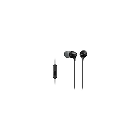 Schwarze Sony In-Ear-KopfhÃ¶rer. Ein OhrhÃ¶rer mit grauem Silikon-Aufsatz, daneben ein weiterer, mit Sony-Schriftzug. Ein Kabel mit Mikrofon.