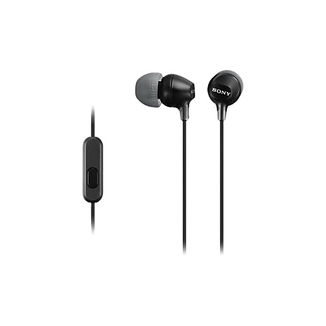 Schwarze Sony In-Ear-KopfhÃ¶rer mit Kabel und Mikrofon. Ein HÃ¶rer mit Logo. Graue OhrstÃ¶psel.