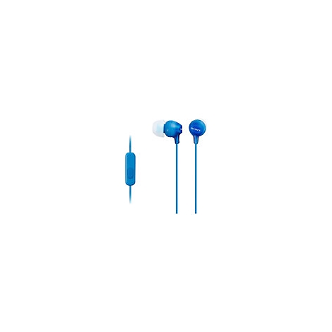Blaue In-Ear-KopfhÃ¶rer mit Kabel und Fernbedienung. Das Sony-Logo ist auf einem der OhrhÃ¶rer zu sehen.