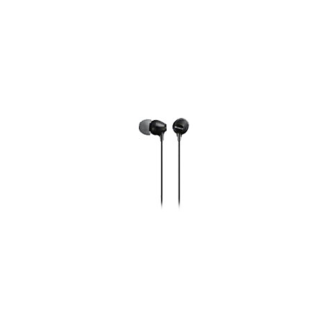 Schwarze Sony-KopfhÃ¶rer. Links ein grauer OhrstÃ¶psel. Das Kabel verlÃ¤uft nach unten.