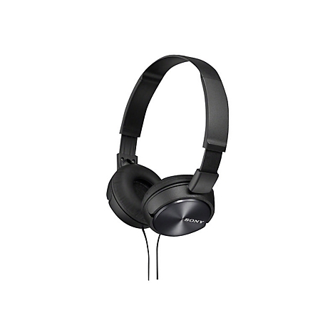 Schwarzer Sony-Kopfhörer auf weißem Hintergrund. Ohrmuscheln, Kopfband und Kabel erkennbar.