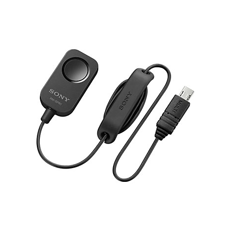 Schwarzer FernauslÃ¶ser von Sony mit Kabel und USB-Stecker. Auf dem AuslÃ¶ser steht SONY RM-SPR1.