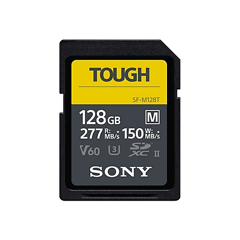 Schwarze SD-Karte mit gelbem Akzent, die die Aufschrift TOUGH und 128 GB zeigt.