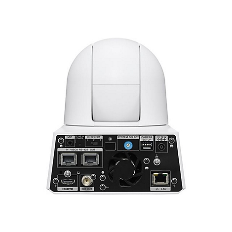 Rückansicht einer weißen PTZ-Kamera. Mit Anschlüssen für HDMI, LAN, SDI und Strom.