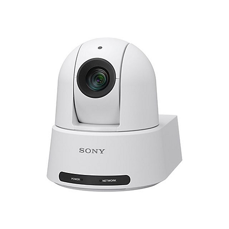 Weiße Sony PTZ-Kamera. Kameraobjektiv mit darunter liegendem Sockel, mit den Schriftzügen "Power" und "Network".