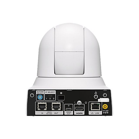 Weisse Überwachungskamera mit Anschlüssen. Rückseite mit Beschriftungen: IN, VISCA RS-422 OUT, HDMI, LAN. Auch ein Stromanschluss ist zu sehen.