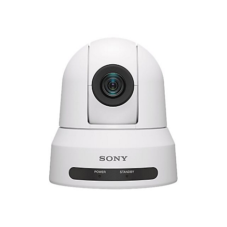 Weiße PTZ-Kamera mit schwarzem Objektiv und Sony-Logo. Unten befinden sich Tasten für Strom und Standby.