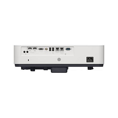 Rückansicht eines weißen Projektors mit Anschlüssen wie HDMI, USB, VGA und Stromanschluss.