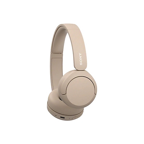 Beige Sony Kopfhörer, die leicht geneigt auf weißem Hintergrund dargestellt werden.