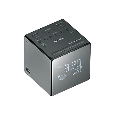 Grau-schwarzer WÃ¼rfel-Wecker mit digitaler Zeitanzeige 8:30. Oben und vorne KnÃ¶pfe, seitlich USB-Anschluss. Marke: Sony.