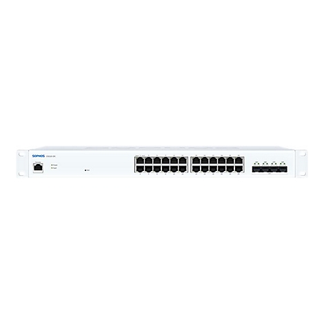 Ein weißer Sophos-Switch mit 24 Ports, in Reihe angeordnet. Links: Netzanschluss. Rechts: LED-Anzeigen.