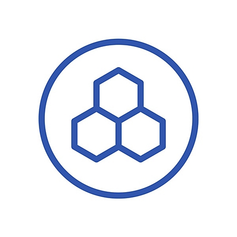 Blaues Symbol, drei ineinander verschachtelte sechseckige Formen in einem Kreis.