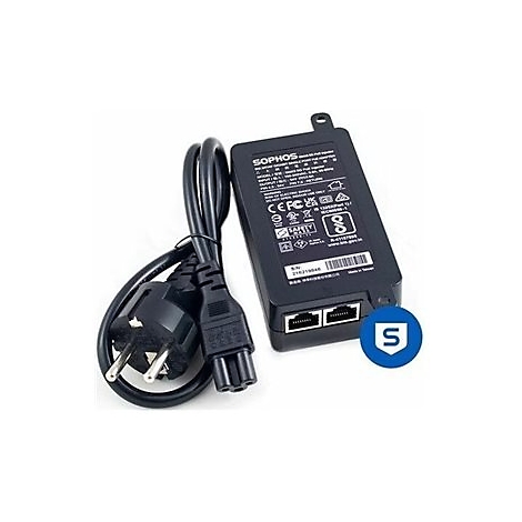 Schwarzes Sophos PoE-Gerät mit Netzkabel und Logo. Der Text auf dem Gerät ist gut lesbar.