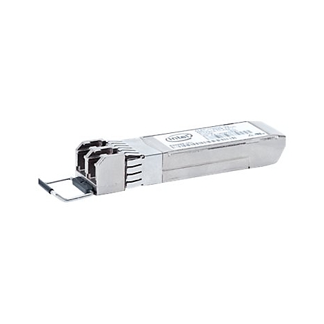 Ein silberner Intel-Glasfaser-Transceiver mit grauen Details und Produktinformationen.
