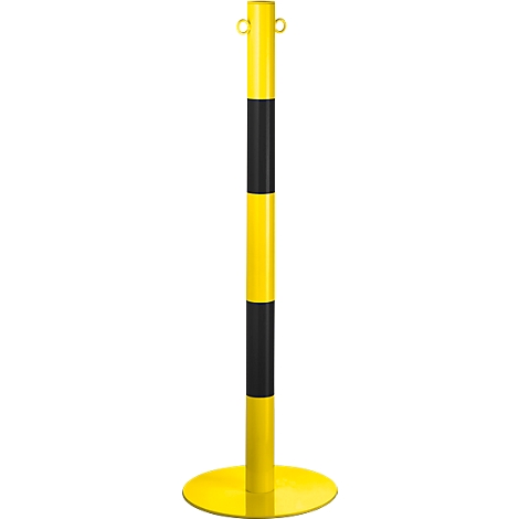 Poste de barrera amarillo y negro con base redonda amarilla. Dos ojales en la parte superior.