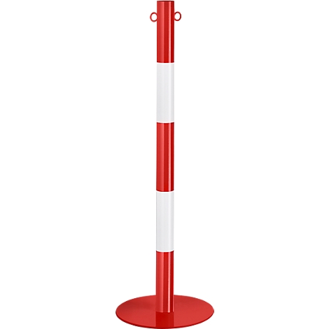 Poste de barrera a rayas rojas y blancas con base redonda roja y dos lazos en la parte superior.