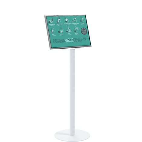 Soporte blanco con un letrero verde que muestra instrucciones de desinfección de manos. También es visible el texto "Coronavirus Covid-19".