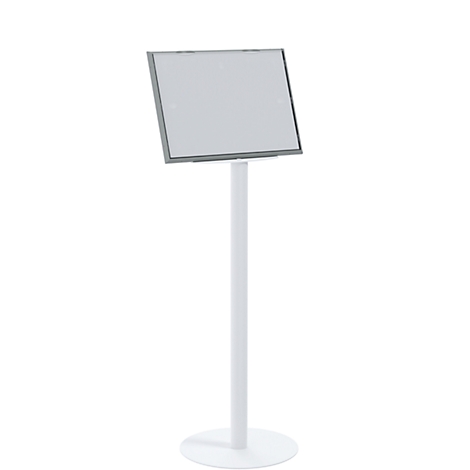 Señal blanca sobre un soporte; forma cuadrada, campo de texto, marco metálico.