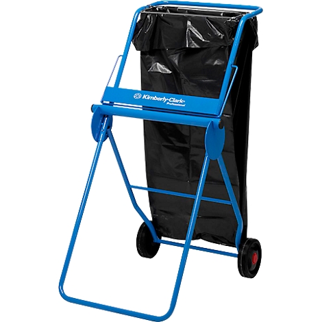 Soporte de bolsa de basura azul con bolsa de basura negra y logo Kimberly-Clark.