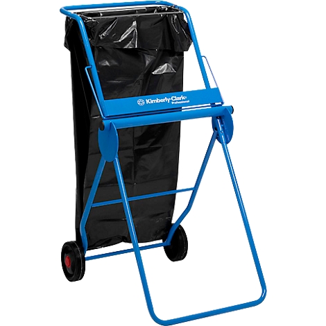 Soporte azul para bolsa de basura con bolsa de basura negra, dos ruedas y la escritura 'Kimberly-Clark Professional'.
