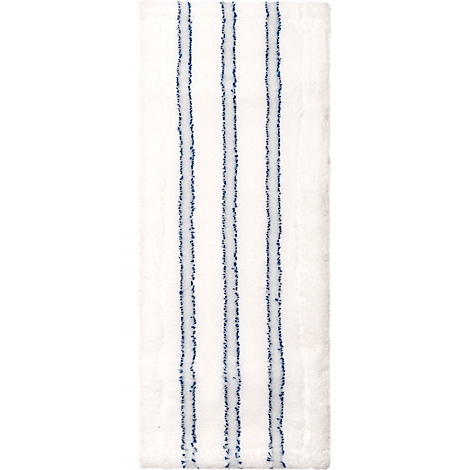 Toalla blanca con tres líneas verticales con rayas azules. Las líneas son ligeramente irregulares.