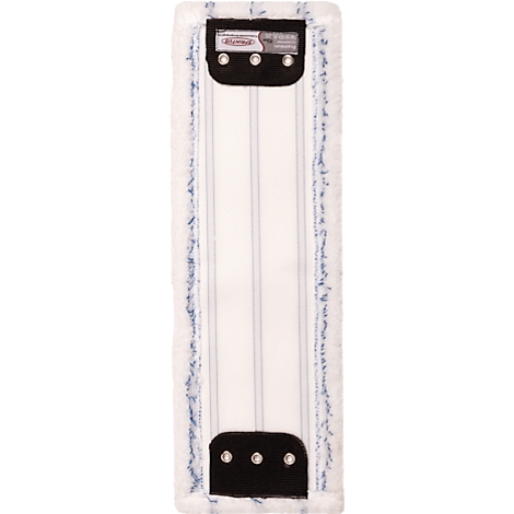 Un cabezal de fregona rectangular, blanco con detalles azules. Soportes negros con remaches plateados en ambos extremos. Una etiqueta es visible.
