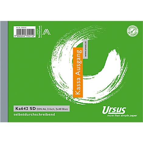 Carnet vert avec motif tourbillonnant blanc et texte. Orange : Kassa Ausgang.