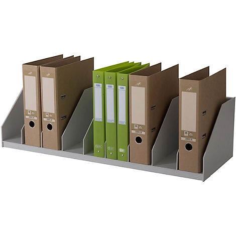 Folders in a folder stand. Brown and green folders in a gray stand.