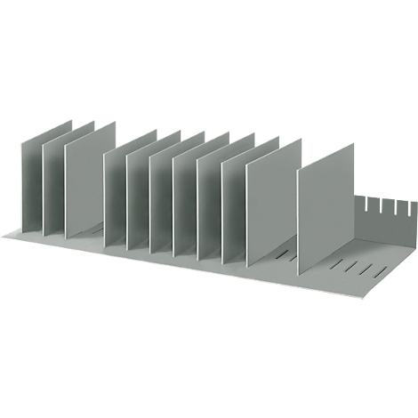 Gray file organizer with multiple vertical dividers. The dividers have a slightly angled shape and are connected by holes in the base.