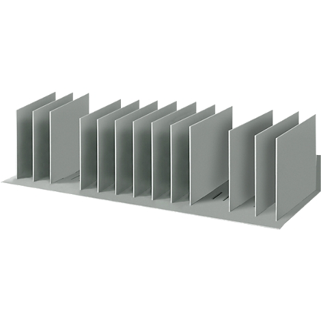 Grey heatsink with many rectangular fins.